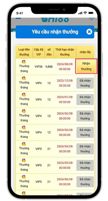 Bước 3: Nhấn mục NHẬN THƯỞNG